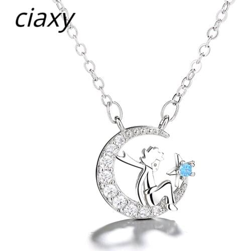 CIAXY 925 Sterling Silver Pendant Necklace Female Inlaid Zircon Star Moon Little Prince Necklaces Clavicle Chain Korea Jewelry