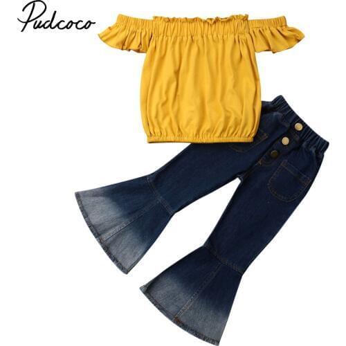 Pudcoco 2pcs Newborn Kid Baby Girls Clothes Off Shoulder Tops Denim ell-Bottoms Pants Flared Pants Summer Outfits Clothes Set