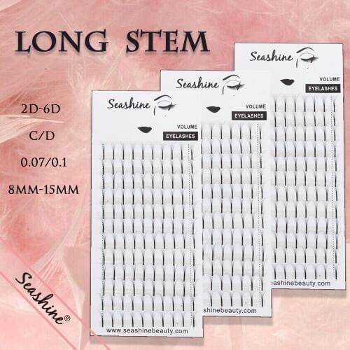 Seashine 50 Trays Wide Fans Long Stem Russian Volume Lashes Extension 0.03mm Thickness Premade Fans 2D 3D 4D 5D 6D C D Curl Lash