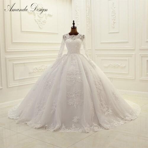 Amanda Design High Quality Long Sleeve Lace Appliques Puffy Empire Wedding Dress