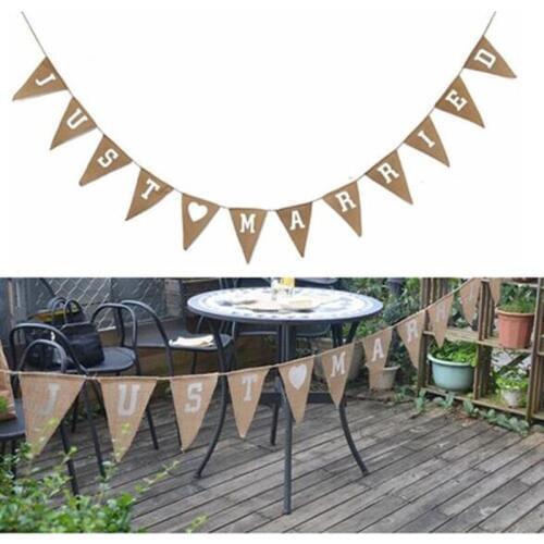 JUST MARRIED Burlap banner Wedding Photo Props Vintage Jute Burlap Bunting Pennant Wedding Hen Party Hanging Decoration Supplies