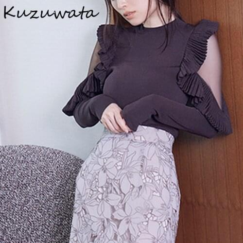 Kuzuwata Janpanese Knitted Pullover 2021 Early Autumn Women Jumper Gauze Off Shoulder Pleated Ruffled Flying Sleeved Sweaters