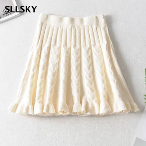 SLLSKY Solid Knitted Women Mini Skirt 2021 Autumn Elastic Waist A-line Skirt Korean Fashion Twist Ruffle Strench Ladies Skirt