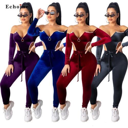 Women Velvet Bodycon Jumpsuits Slash Neck Sexy Off Shoulder Long Sleeve Zipper Hollow Out Backless Slim Long Pants Club Rompers