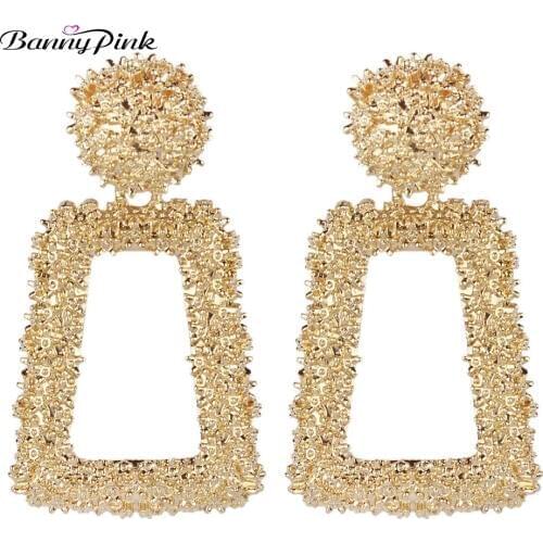 Banny Pink Chunky Metal Geometric Stud Earrings For Women Large Round Hollow Rectangle Statement Post Earring Fashion ZA Jewelry