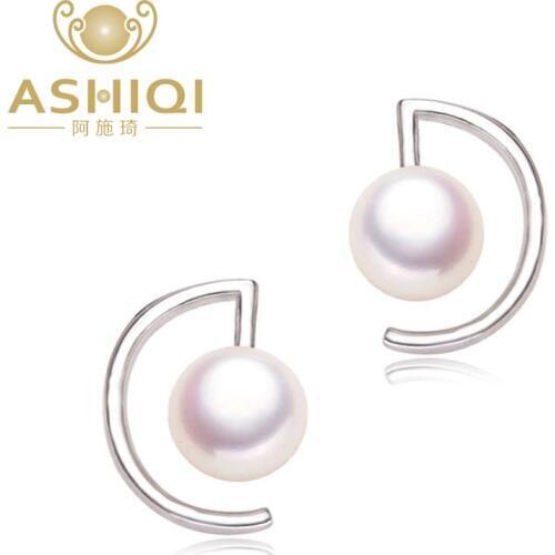 ASHIQI 925 Sterling Silver stud earrings 7-8mm Natural Freshwater Pearl Earring For Women Fine Jewelry