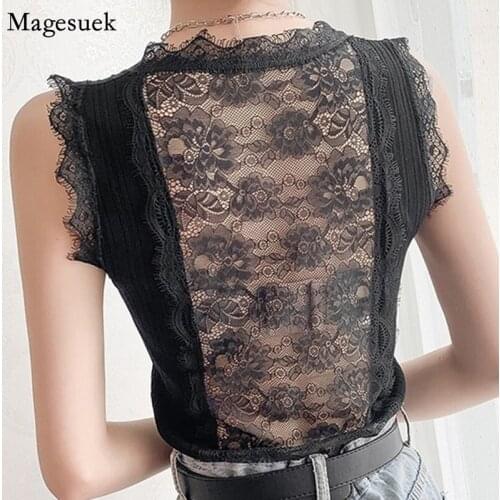 Sexy 2021 Hollow Out Lace Back Knitted Tank Tops Women Vest Solid V Neck Ice Silk Top Sleeveless Summer Womens Tops Femme 13600