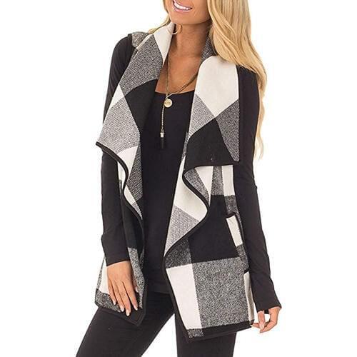 Womens Lapel Open Front Plaid Vest Sleeveless Buffalo Outerwear Cardigan with Pockets