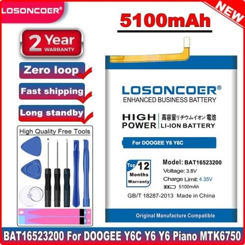 LOSONCOER 5100mAh BAT16523200 Good Quality Mobile Phone Battery For DOOGEE Y6 Y6C Y6 Piano MTK6750 Octa Core Batteries Bateria