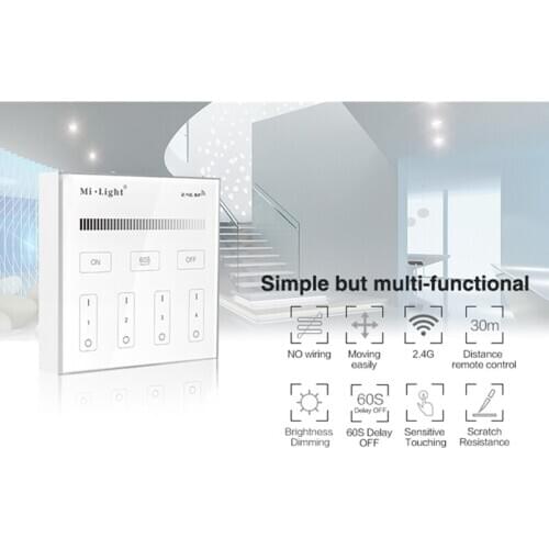 Miboxer B1 2.4G Wireless 4-Zone Brightness Dimming Smart Touch Panel Remote Controller Powerd by 3V Wall Moun Powerd