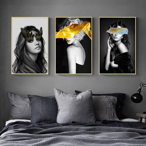 Black and White Art Abstract Character Beauty Golden Ribbon Canvas Print Poster Picture Wall Sofa Bedroom Nordic Decoration