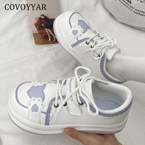 COVOYYAR Lolita Womens Vulcanize Shoes Sweet Cat Animal Sneakers Lace-up Shoes White Platform Casual Shoes Women Flats WSN437