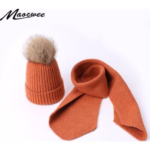 Kids Children Scarf Hat Set Beanies Cap PomPon Hats Fake Ball for Skullies Knitting Autumn And Winter Warm Solid Color Girl