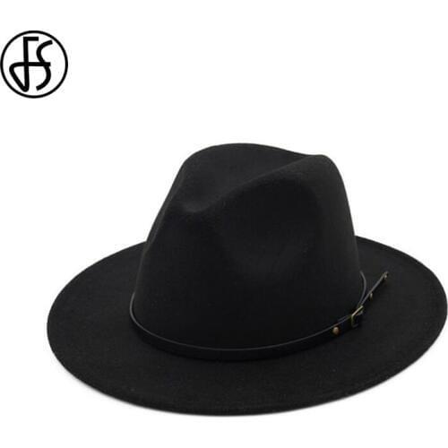 FS 60CM Wide Brim Wool Felt Fedora Hat For Men Black Trilby Jazz Women Panama Gangster Caps Autumn Winter