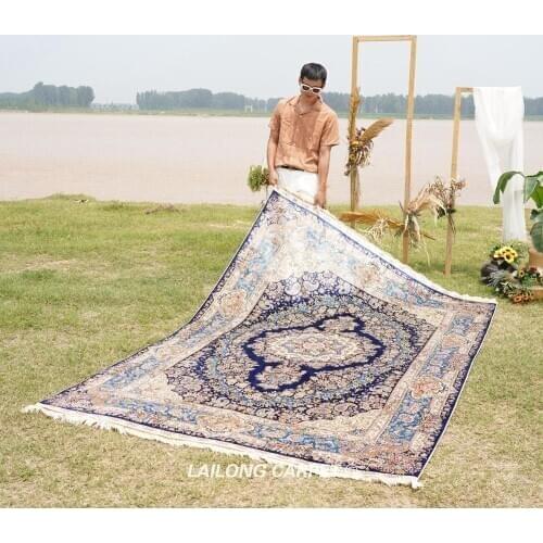 6'x9' Blue Silk Area Rugs Antique Hand Knotted Home Decor Kashmir Carpet (SL188A)