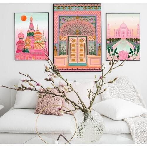 Pink Cartoon Taj Mahal Poster and Print Saint Basils Cathedral Canvas Painting Travel Wall Art Picture Living Room Home Decor