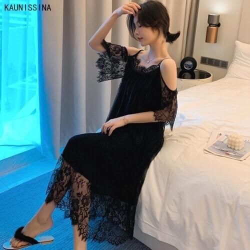 Summer Sexy Lace Lingerie Nightgown Womens Princess Nightdress Elegant Short Sleeve Long Sleepwear Lounge Home Dress