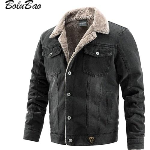 BOLUBAO Plus Velvet Thick Denim Jacket Men Casual Lapel Single-Breasted Cotton Jacket Men Warm Winter Men Slim Fashion Jacket