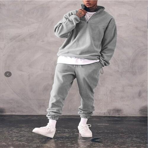 4 Color Autumn Winter Men Plush 2 Pieces Sets Fleece Solid Color Stand Collar Long Sleeve Tops With Zipper + Elastic Waist Pants