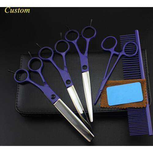Custom 5 kit japan 440c 7 inch purple Pet dog grooming hair scissors cutting shears thinning barber hairdressing scissors set