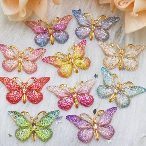 New 10pcs Resin Resin 25*38mm Bling Colorful Butterflies Flatback Rhinestone 1 Hole Ornaments DIY Wedding Appliques Craft T011