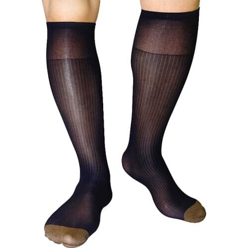New Style Men Nylon Silk Socks Striped Male Formal Dress Suit Socks Toe Blue Toe Sheer Sexy Socks Black White Navy