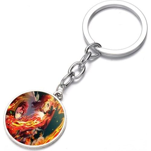 Japan anime Demon Slayer Keychain Glass Dome Key Chain Bag Charm necklace Bronze Silver black Keyring Holder Kids boys girl Gift