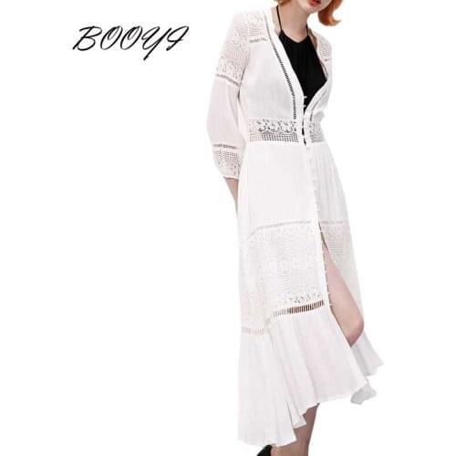 BOOYI women dress cotton lace patchwork lantern sleeve V-nck chic long summer dresses white bohemian chic vestidos