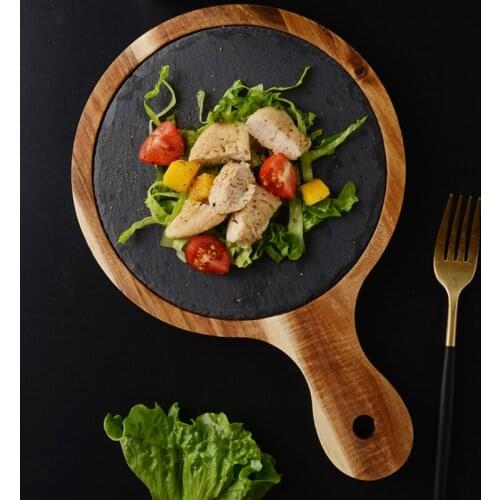 American solid wood pizza tray, wooden tray, black slate plate, acacia wood bread board, western food, Japanese cuisine, set pla