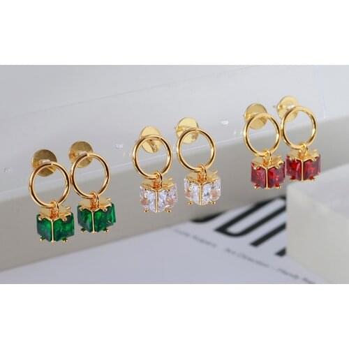 Niche design color three-dimensional square red and green shiny pendant earrings creative design temperament gift birthday
