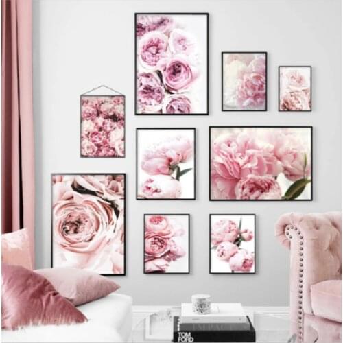 Scandinavian Pink Penoy Blossom Poster Flower Wall Art Picture Nordic Style Canvas Print Painting Modern Living Room Decor
