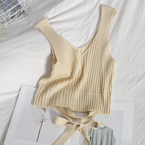 Heliar Spring 2021 Knitted Tops For Women Ribbed Bandage Camis Female Solid Slim-fit Cute Bow Vest Deep V Neck Crop Tops Summer
