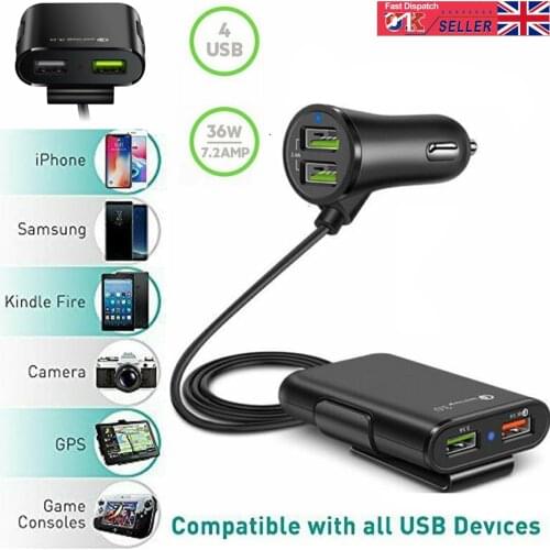 4-Port Multi universal USB Passenger Car Charger Front/Back Seat Adapter Quick Charge 3.0 black Car charger