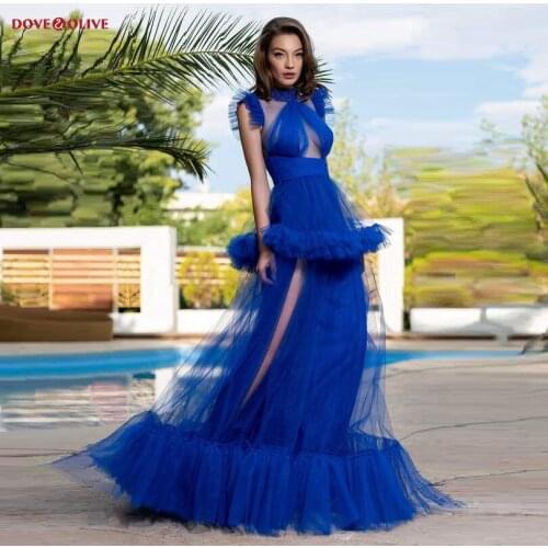 Royal Blue Evening Dresses 2021 Long Sleeveless High Neck Transparent Sexy Tiered Skirt A Line Tulle Prom Gowms Formal Party