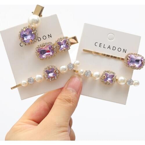 1 pcs Fashion Vintage Ins Style Purple Rhinestone Crystal Hair Clips Pearl Hair Pins For Women Barrettes Hair Accessories Gift