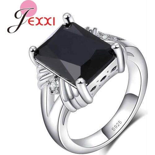 Black Stone Rings for women fashion Jewelry Crystal engagement & Wedding ring Simple Style 925 Sterling Silver Ring