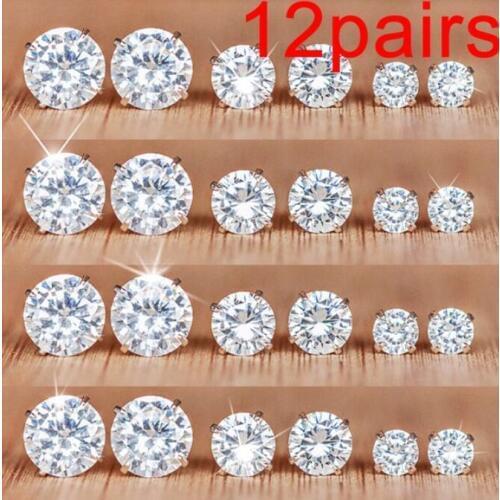 12 Pair/Pack AAA White Cubic Zirconia Ear Stud Earrings for Women Shiny Crystal Earring Wedding Party Jewelry