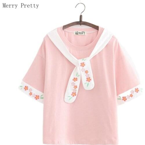 Pink Women Floral Embroidery Tops 2020 Summer Lace Up Short Sleeve Cotton T-Shirts Sweet Style Girl Round Neck Tee Shirt