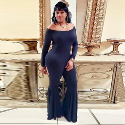 Off The Shoulder Rompers Womens Jumpsuit 2021 Solid Slash Neck Full Sleeve Bell Bottom Overall Office Lady Full Length Outfits