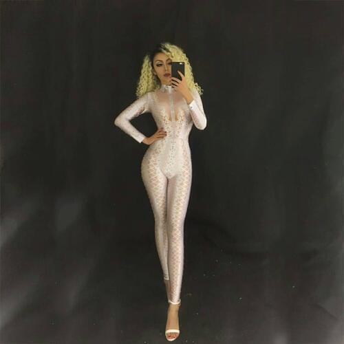 White & Black & Yellow Women Sexy Grid Jumpsuit Sprakling Crystals Bodysuit Nightclub Party Bodysuit Stage Wear Costume