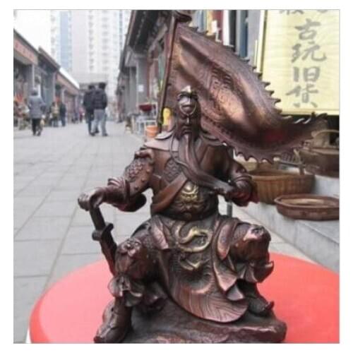 YM 320 gem Red Bronze craftwork famous Sit banner Guan Gong Hold Sword warrior statue