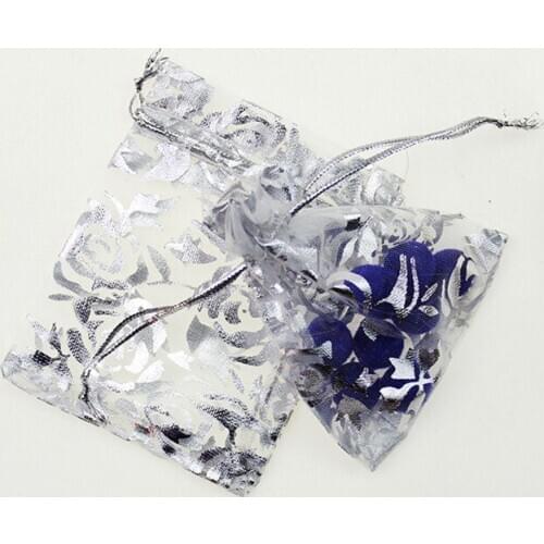 17*23cm 100pcs White Silver Rose Gift Bags For Jewelry/wedding/christmas/birthday Yarn Bag With Handles Packaging Organza Bags