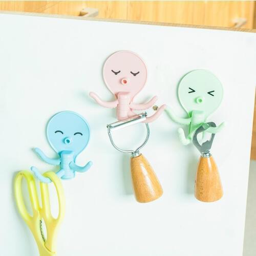3Pcs Creative Cute Octopus Sticker Hooks Keys Jewelry Kitchen Sundries Hanging Holders for Fridge Cupboard Bathroom Wall 3 hooks