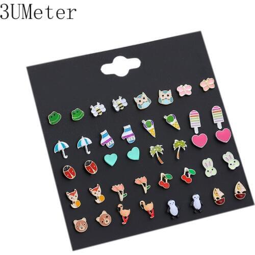 3UMeter 2019 New Animal Set Earrings For Women Girl Cute Heart Stud Earrings Tree Ice Cream Gift Drop Shipping