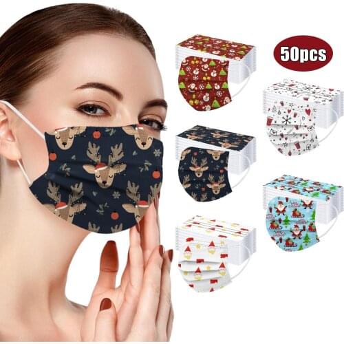 50pcs Merry Christmas Adults Mask Disposable 3ply Ear Loop Face Mask Outdoor Mondmasker Mascarillas Halloween Cosplay Mascherine