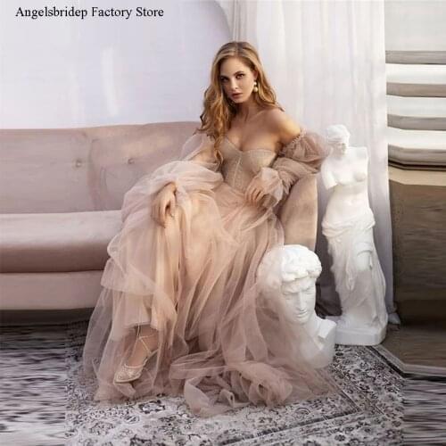 Angelsbridep Dusty Pink Long Prom Dresses 2021 Off Shoulder Sweetheart Tulle Romantic Elegant Princess Prom Party Gown Custom