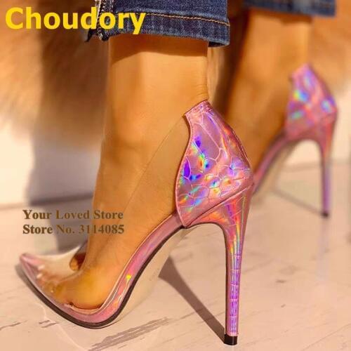 Choudory Hologram Iridescent Pink Silver Snakeskin High Heels Transparent PVC Pointed Toe Pumps Patchwork Dress Shoes Wedding