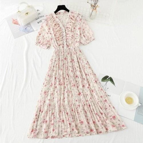 Office Ladies Chiffon Dress Elegant Buttons Slim Vintage Romance Party Women Dress V-neck Floral Print Midi Vestidos Mujer