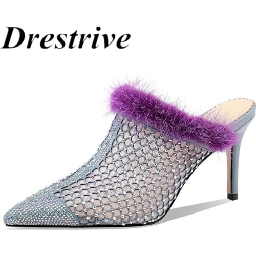Drestrive Women Sandals Pointed Toe Mesh Crystal Bling 2021 Summer Mules Thin High Heel Shoes Fur Blue Pumps Party