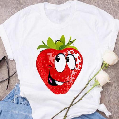 Womens T-shirt cute strawberry apple funny printed T-shirt fashion casual white T-shirt Harajuku graphic T-shirt short sleeve